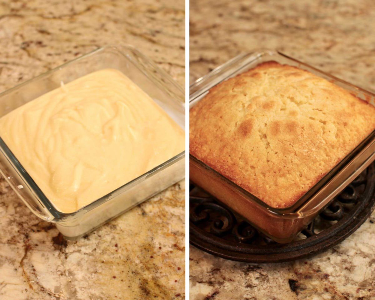 an unbaked yellow cake next to a baked cake.