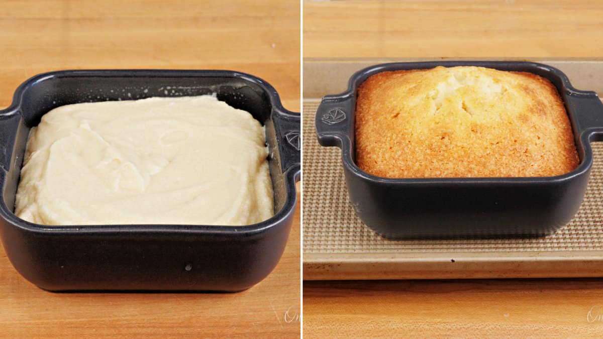 a pound cake baked in a 5x5 inch baking dish on a rimmed baking sheet
