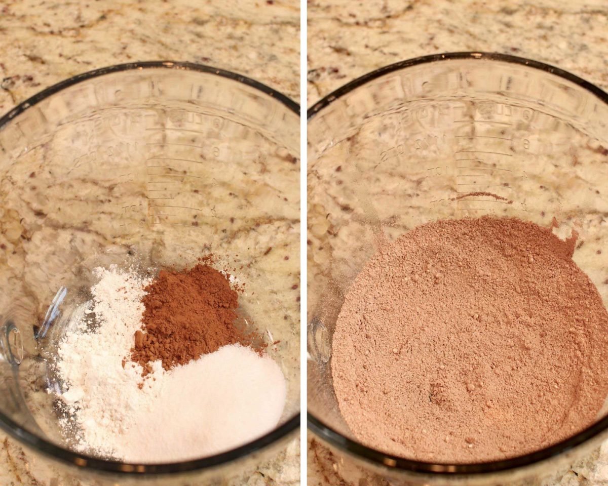 two photos showing a bowl of ingredients and the ingredients mixed.