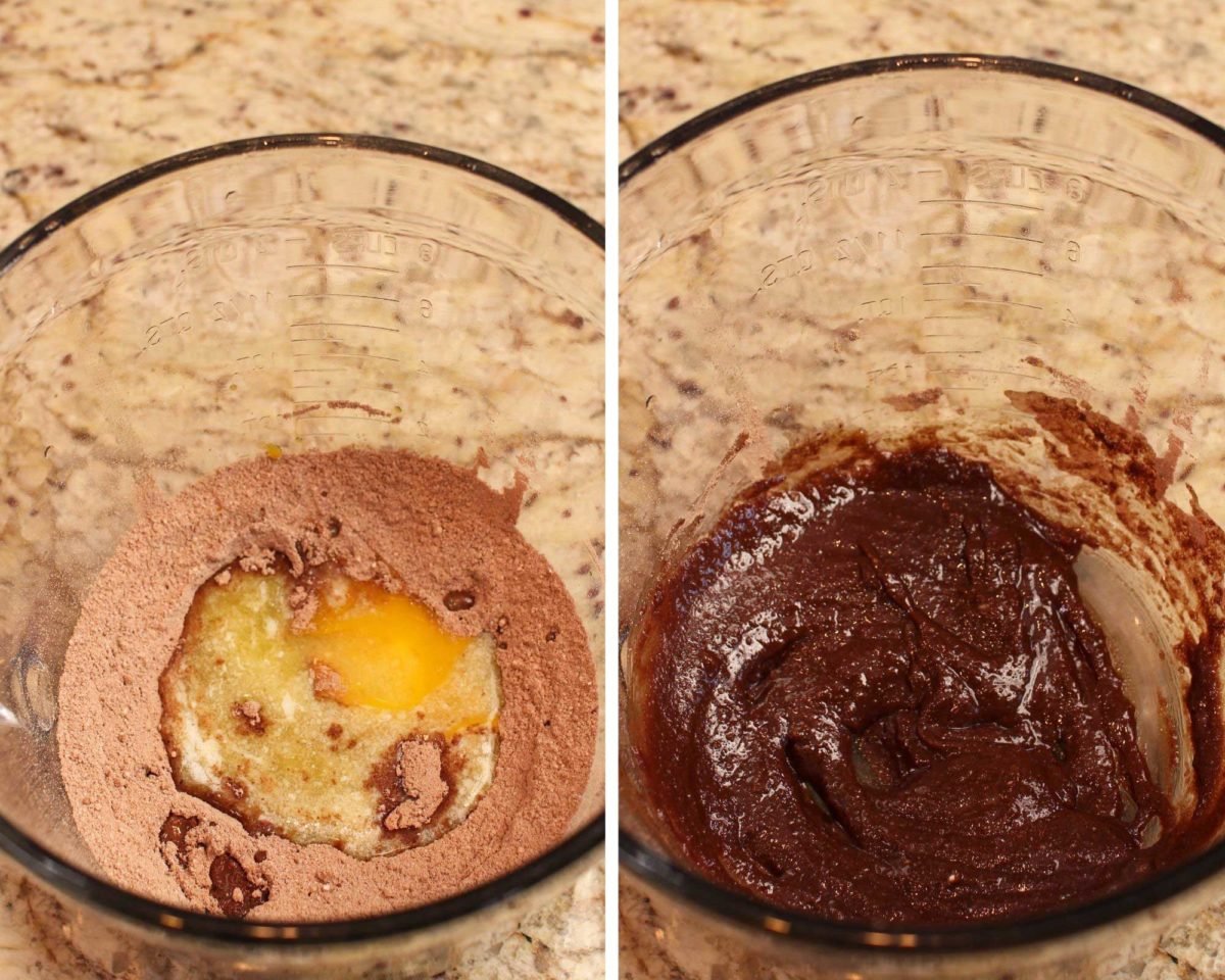 egg and vanilla on top of flour and cocoa powder and a second photo of the ingredients blended together.