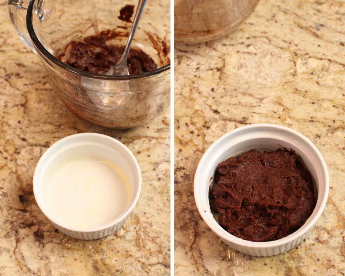 butter in a baking dish in one photo and brownie batter inside the dish in the second photo.