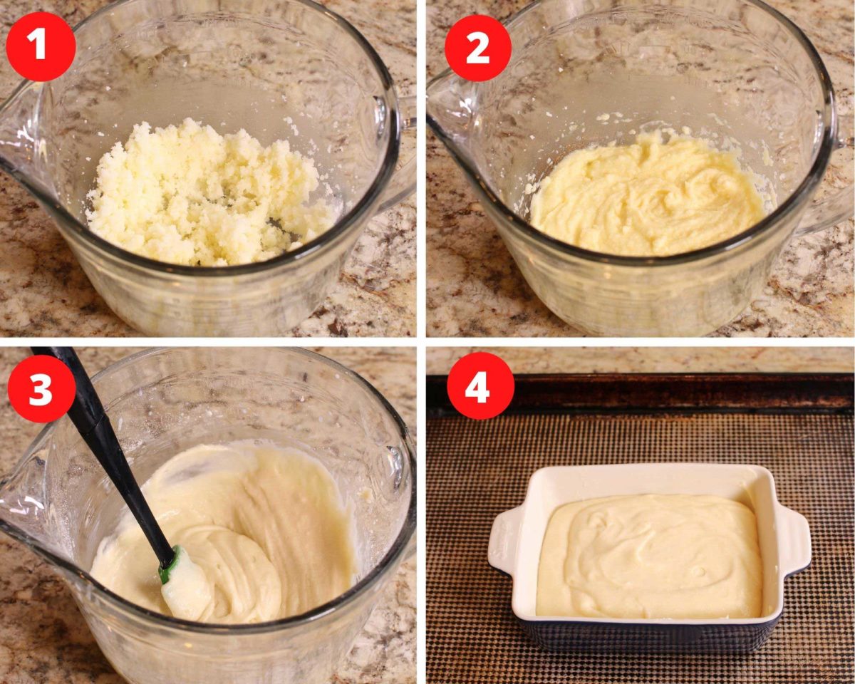 four photos showing how to make a cake batter.
