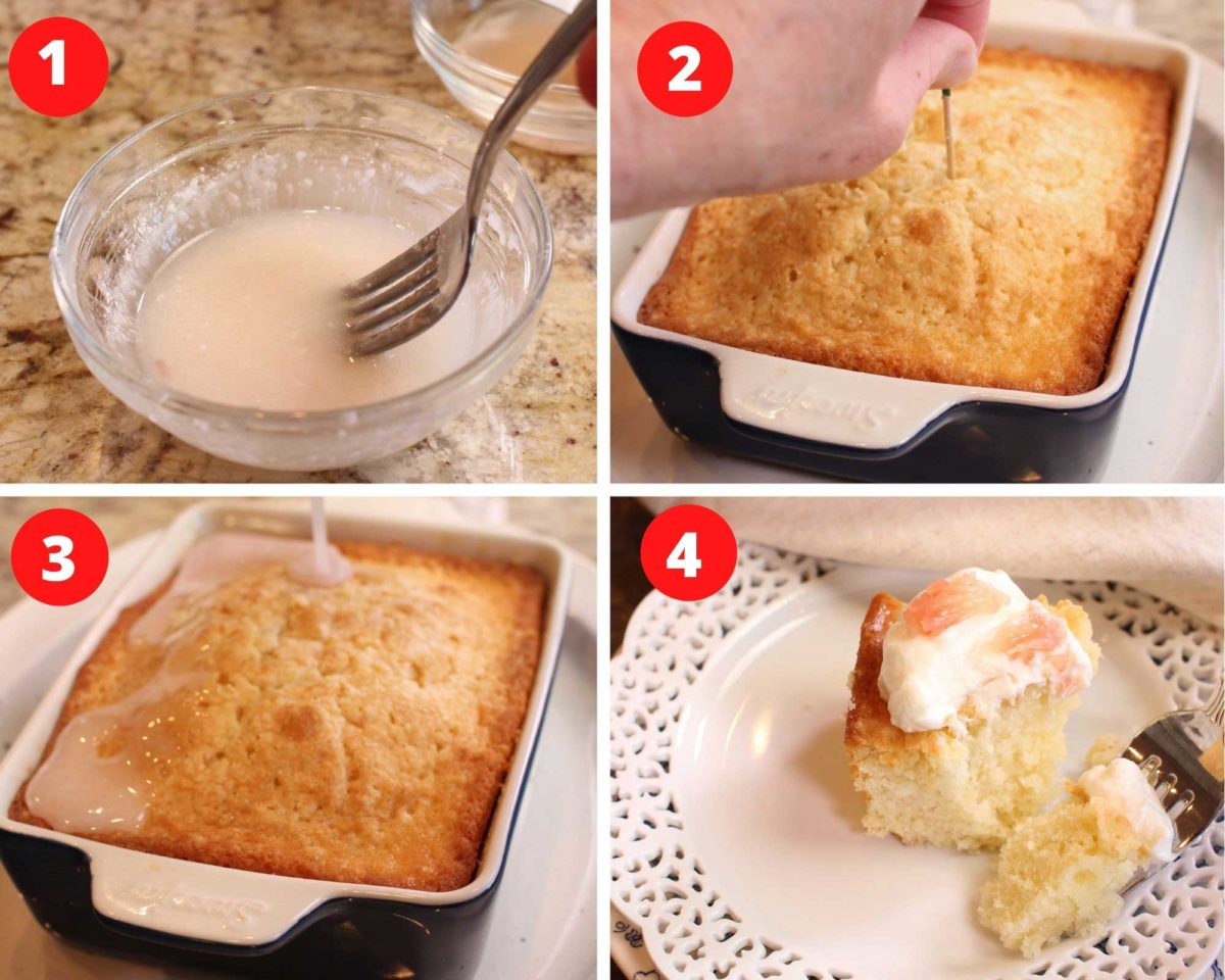 four photos showing how to add glaze to a cake.