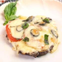 a single portobello mushroom pizza with fresh tomatoes and mozzarella cheese.