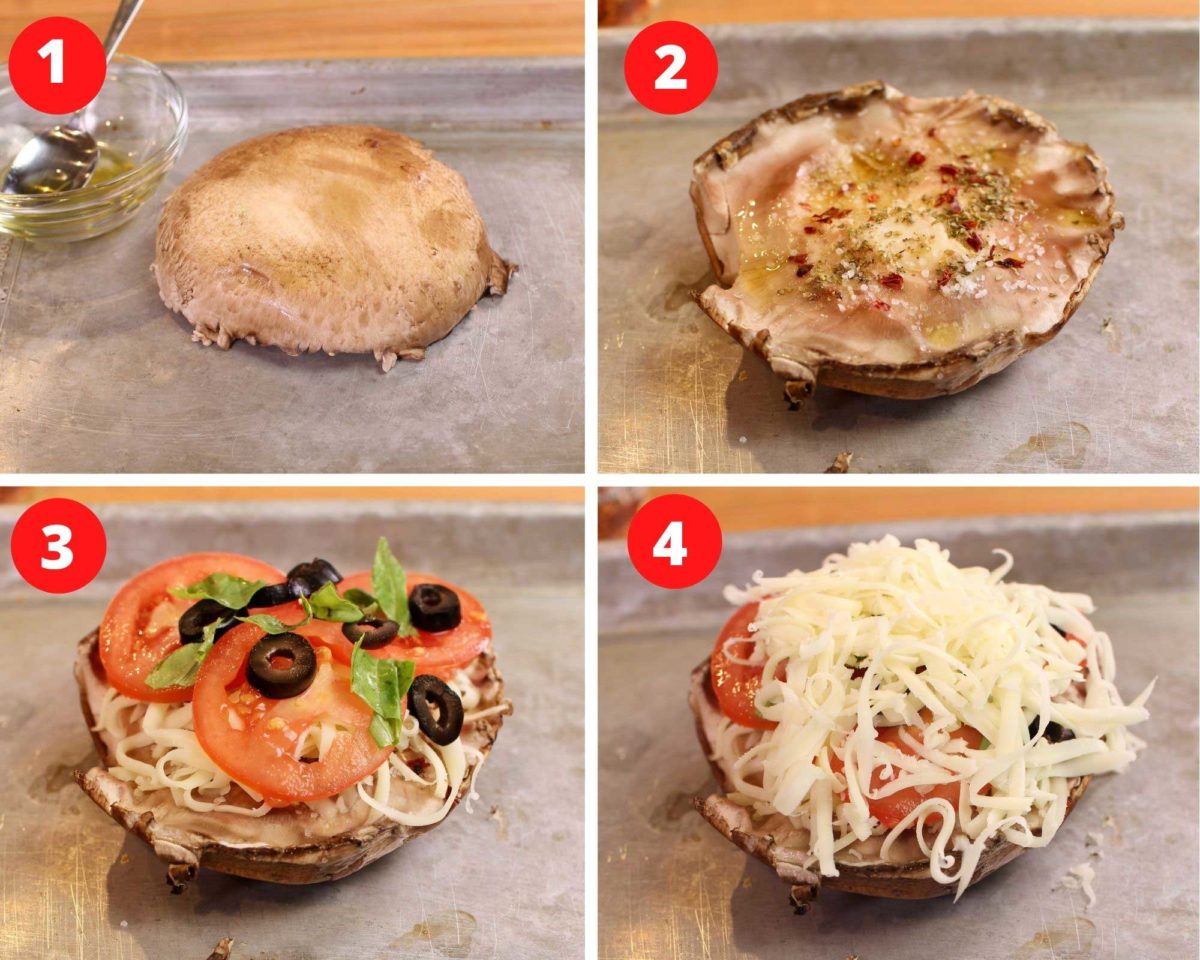 four photos of a portobello mushroom with cheese, olives, and tomatoes on a baking sheet.