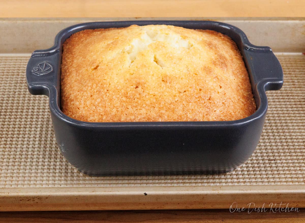 a small pound cake in a 5 inch baking dish