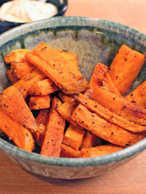 a small bowl of baked sweet potato fries.