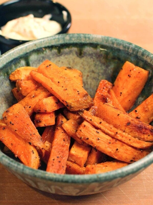 a bowl of sweet potato wedges