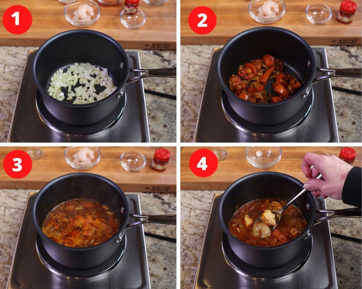 four pictures showing how to make cioppino with onions, tomatoes, broth and seafood.