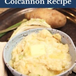 Irish mashed potatoes in a blue bowl.