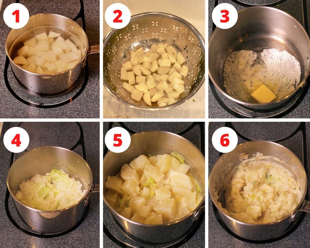 six pictures showing how to cook potatoes and cabbage to make colcannon.