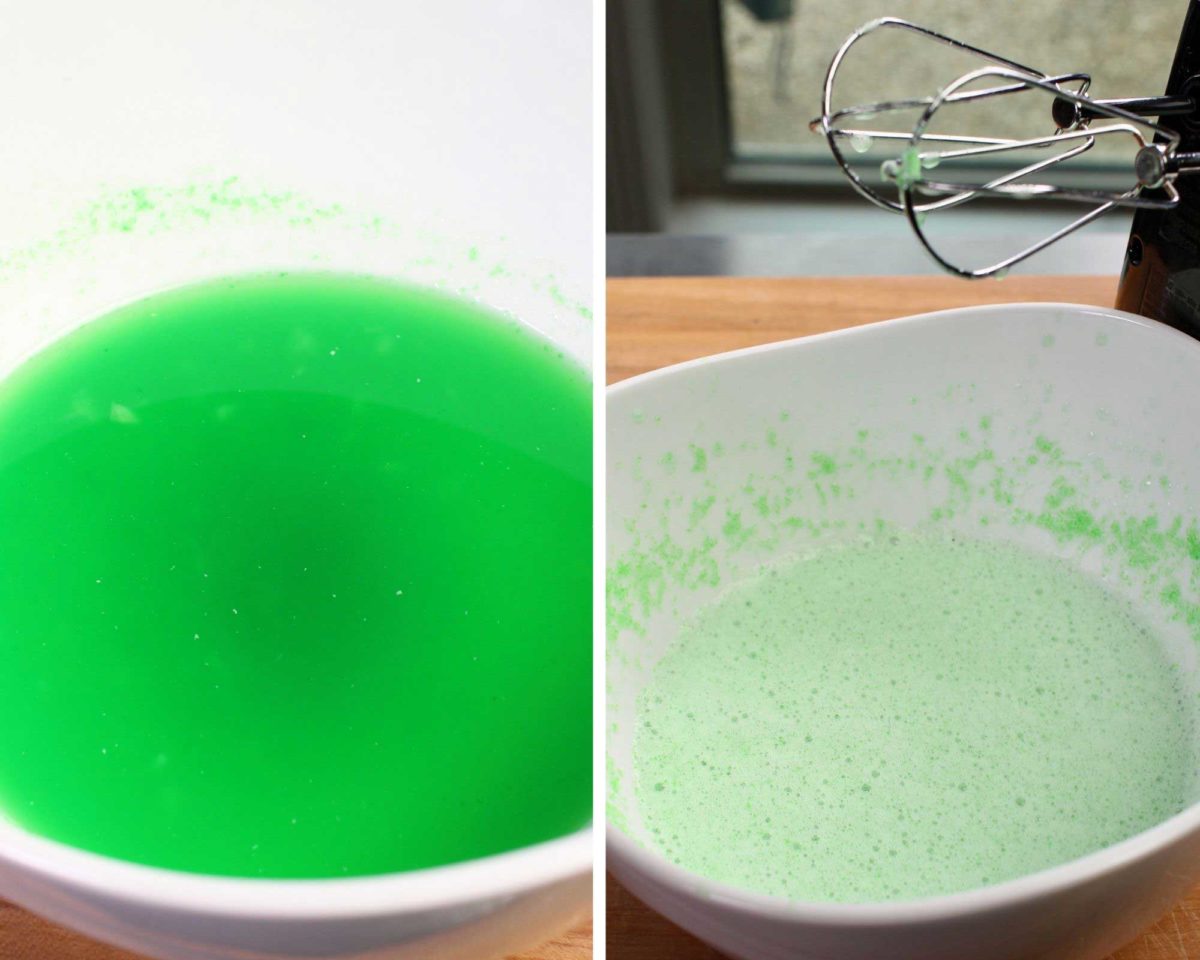 two photos: a white bowl filled with lime jello and a second white bowl filled with whipped lime jello next to electric beaters.