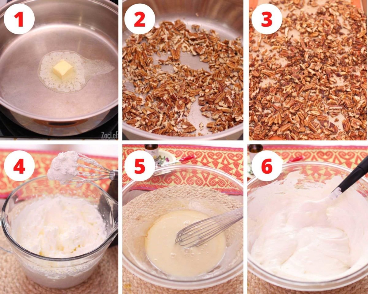 six photos showing how to mix in pecans for making butter pecan ice cream.