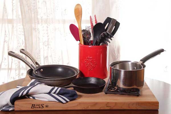 frying pan, sauce pan, spoons and other kitchen essential items