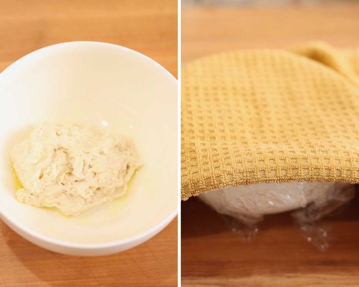 pizza dough in a bowl next to a bowl covered with a yellow dish towel.
