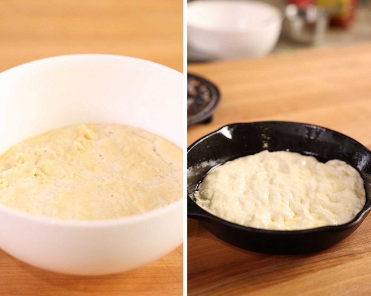 one photo of pizza dough in a white bowl and the other picture showing pizza dough lining the bottom of a mini cast iron skillet