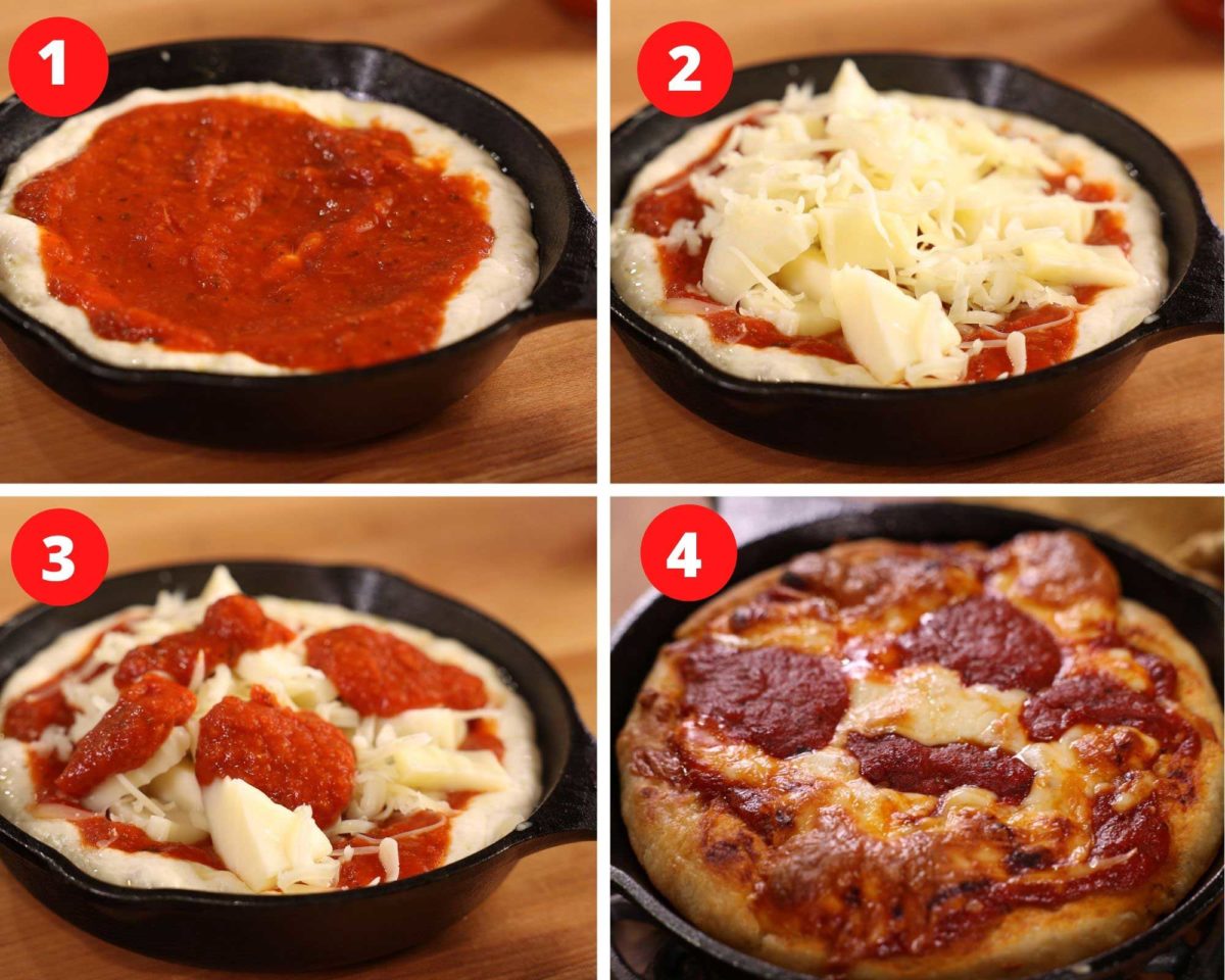 four photos showing the steps involved in making a small pizza