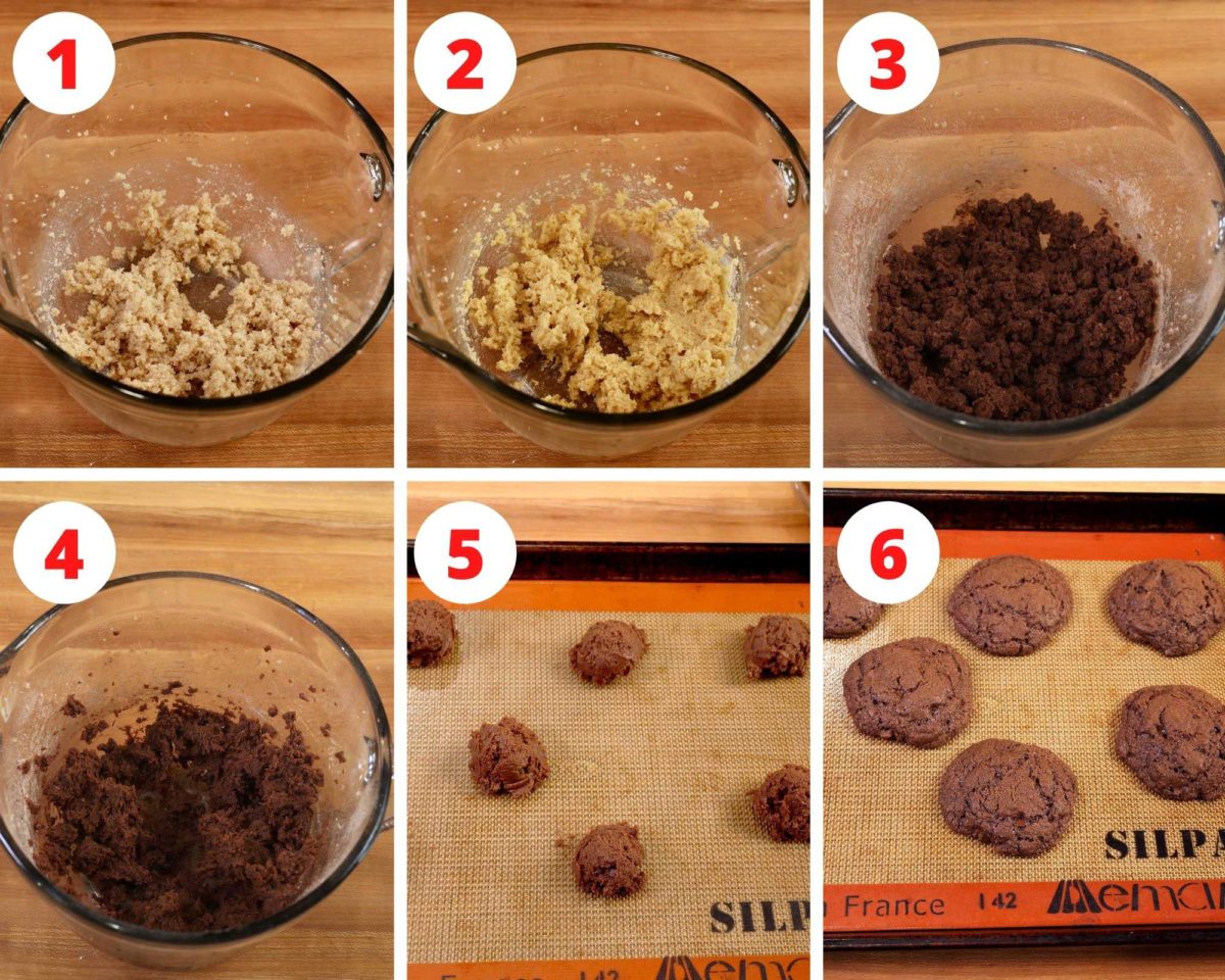 six photos showing the process of making double chocolate chip cookies: mixing dry ingredients, mixing wet ingredients, mixing them together, folding in chocolate chips, baking.