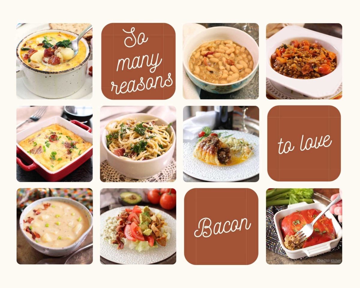 nine photos of different dishes made with bacon: meatloaf, soups, salads, stuffed fish