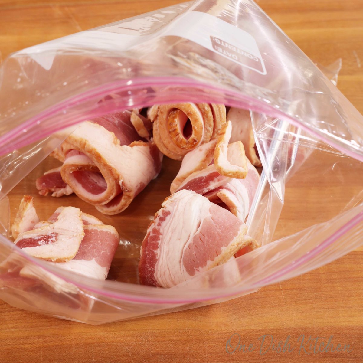 frozen bacon spirals in a ziplock bag
