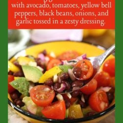 Guacamole salad image with the follow text above it: Fresh tasting guacamole salad filled with avocado, tomatoes, yellow bell peppers, black beans, onions, and garlic tossed in a zesty dressing.