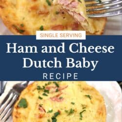 a ham and cheese dutch baby on a white plate.