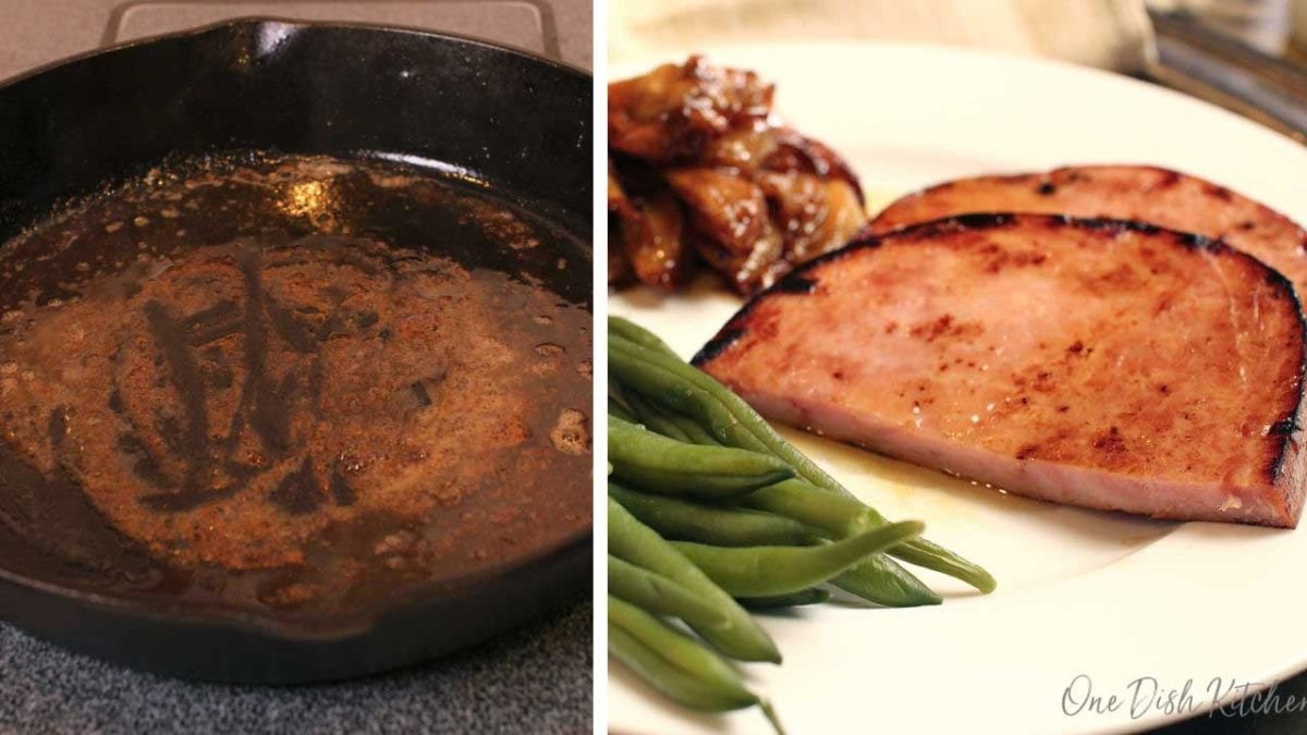 melted butter and brown sugar in a cast iron skillet and a ham steak with the sugar glaze poured over the top.