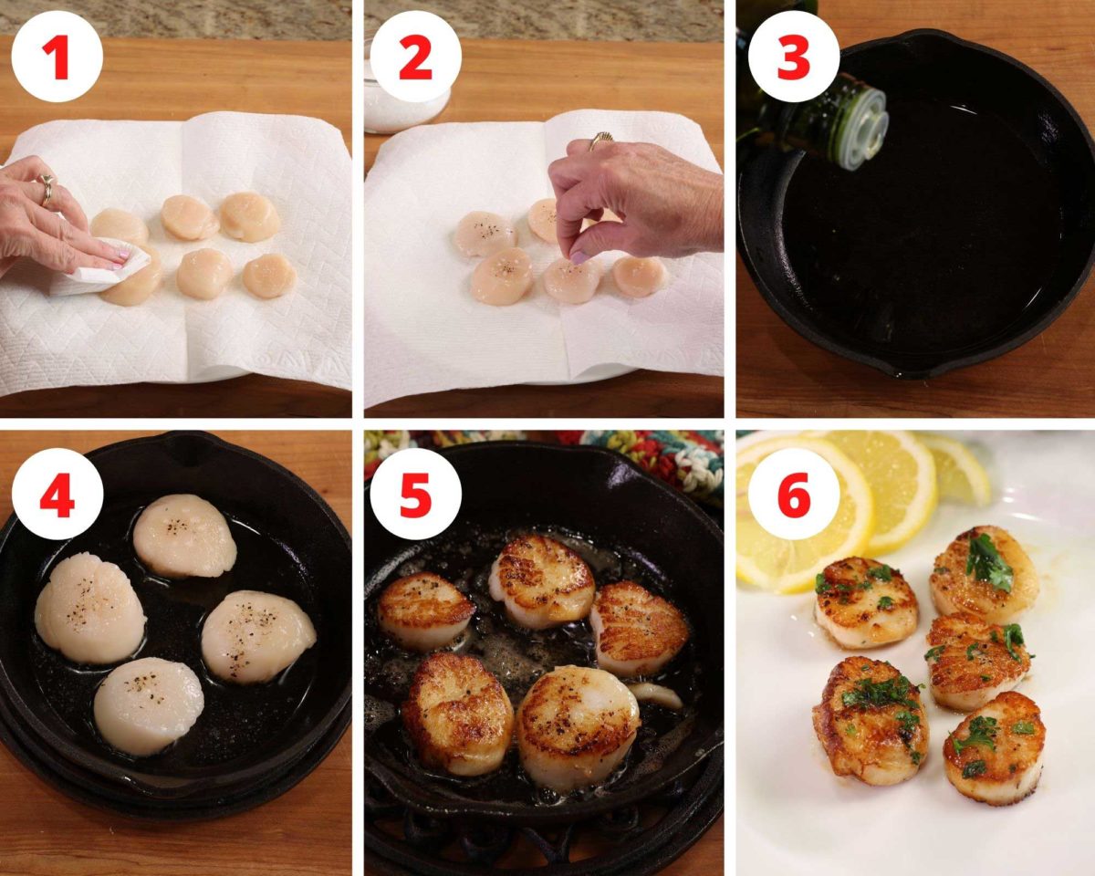 six photos showing scallops cooking in a cast iron skillet.