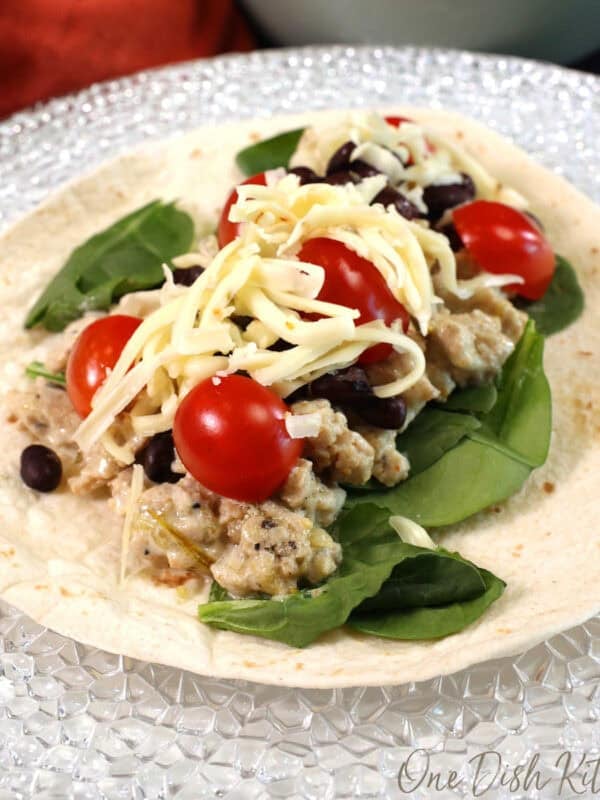 a single southwest chicken wrap on a white plate with tomatoes and spinach.