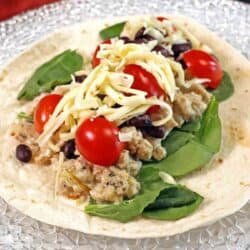 a southwest ground chicken wrap with spinach and tomatoes on a white plate.