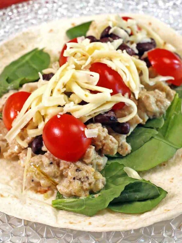 a southwest ground chicken wrap with spinach and tomatoes on a white plate.