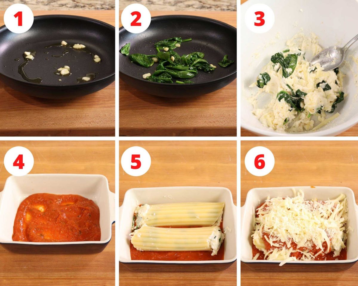 six photos showing how to wilt spinach and add it to ricotta to make stuffed manicotti.