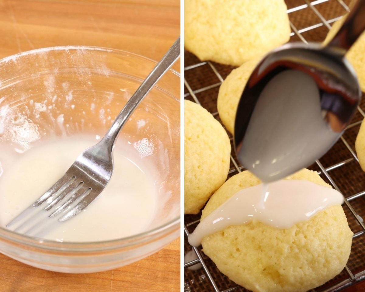 a bowl of sugar mixed with milk next to a tray of cookies with the sugar glaze being spooned over each cookie.