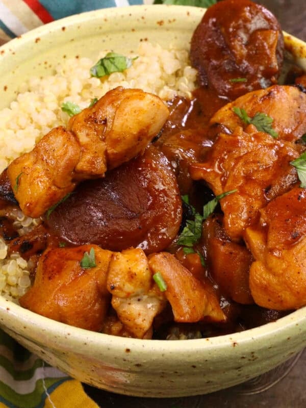 a bowl of chicken tagine with quinoa.