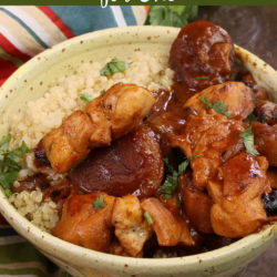 a bowl of chicken tagine with eggplant