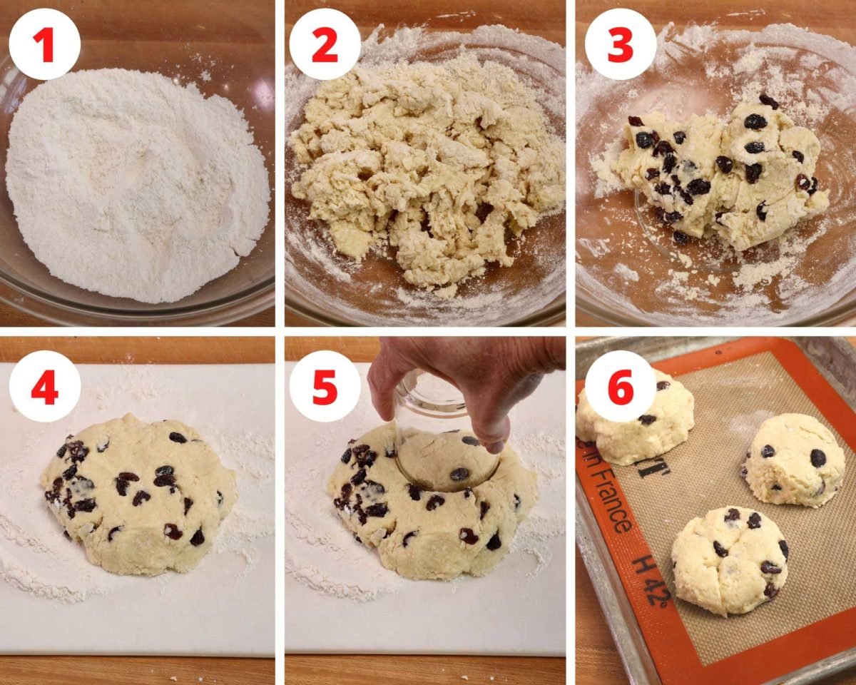 six photos showing how to make cream scones.