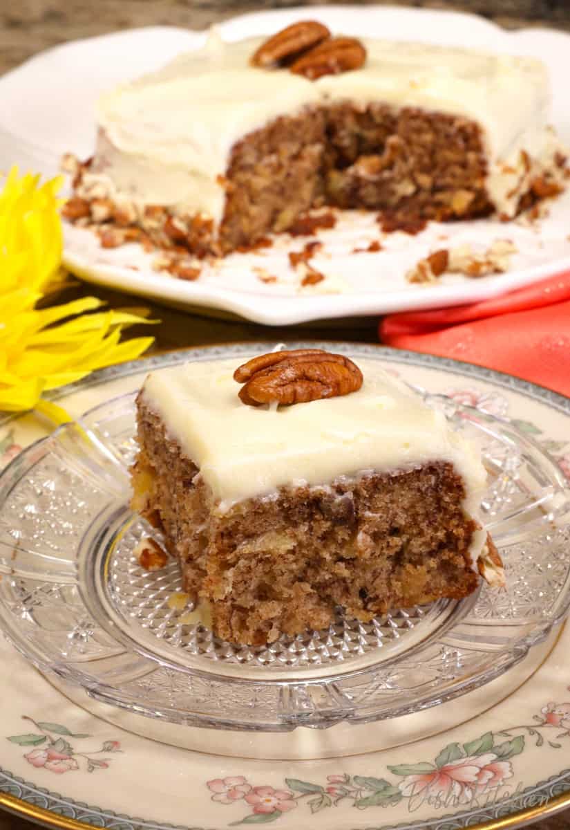 a slice of hummingbird cake on a plate.