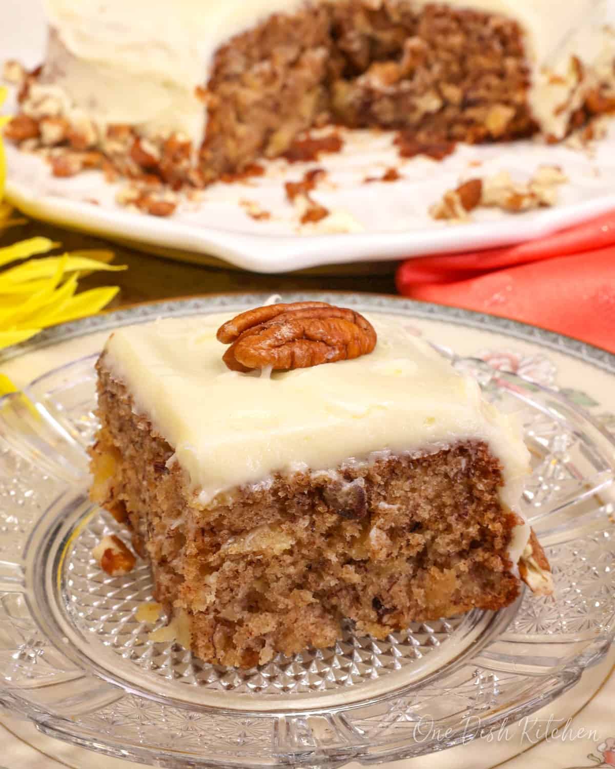 a slice of hummingbird cake on a plate.