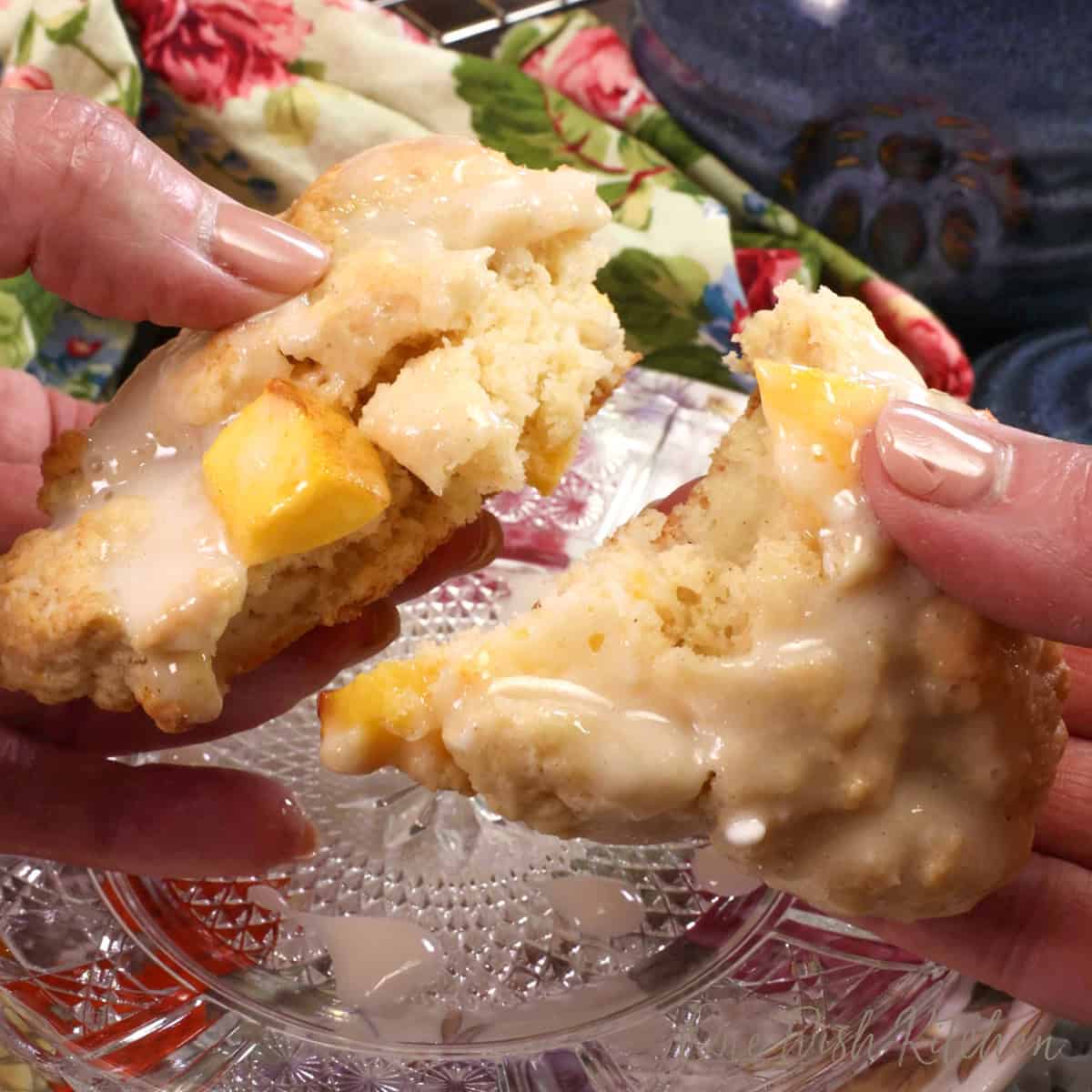 a hand holding a peach scone and breaking it in half over a plate.