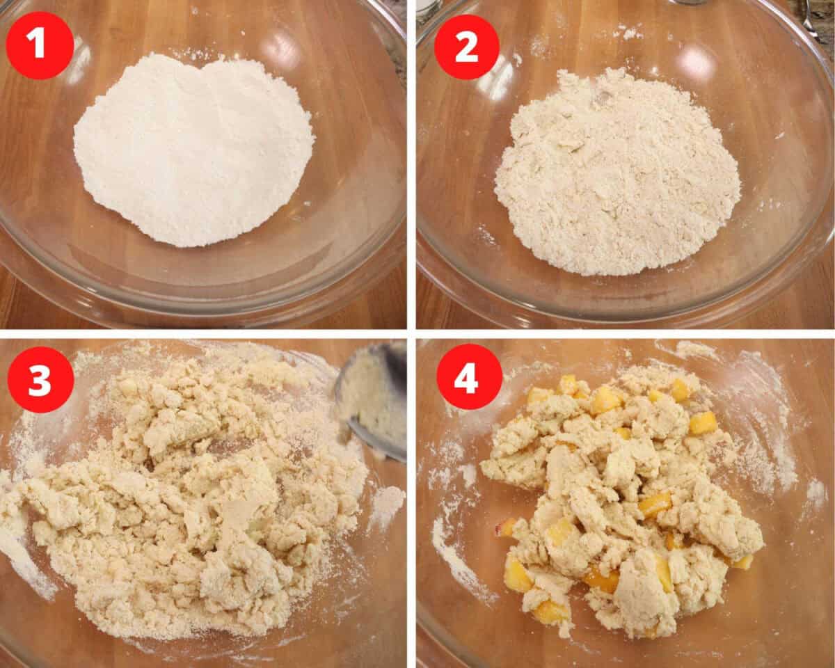 four photos showing how to make peach scones.