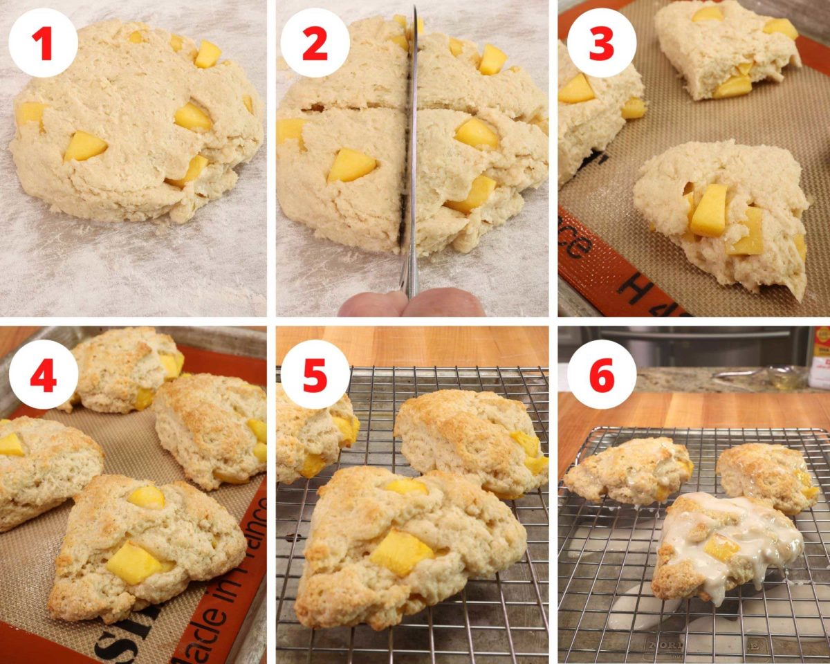 rolling scone dough into a circle, cutting the dough into 4 wedges and placing them on a baking sheet.