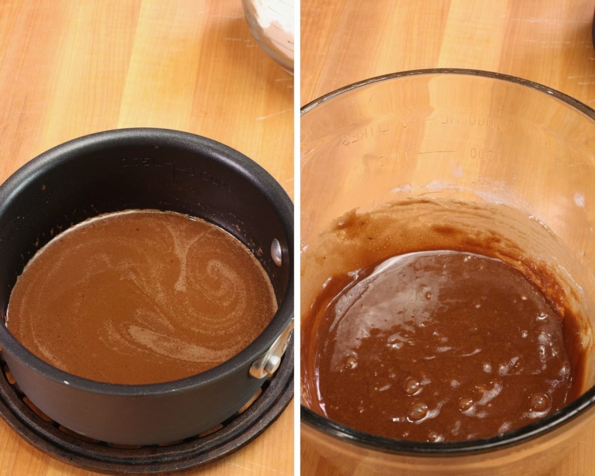 a small saucepan filled with melted chocolate and a bowl with melted chocolate.