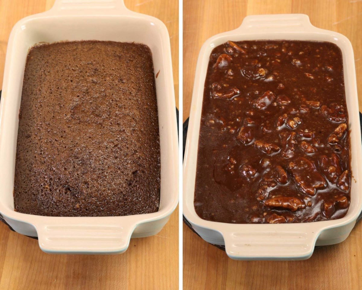 two photos side by side of a mini sheet cake with and without frosting.