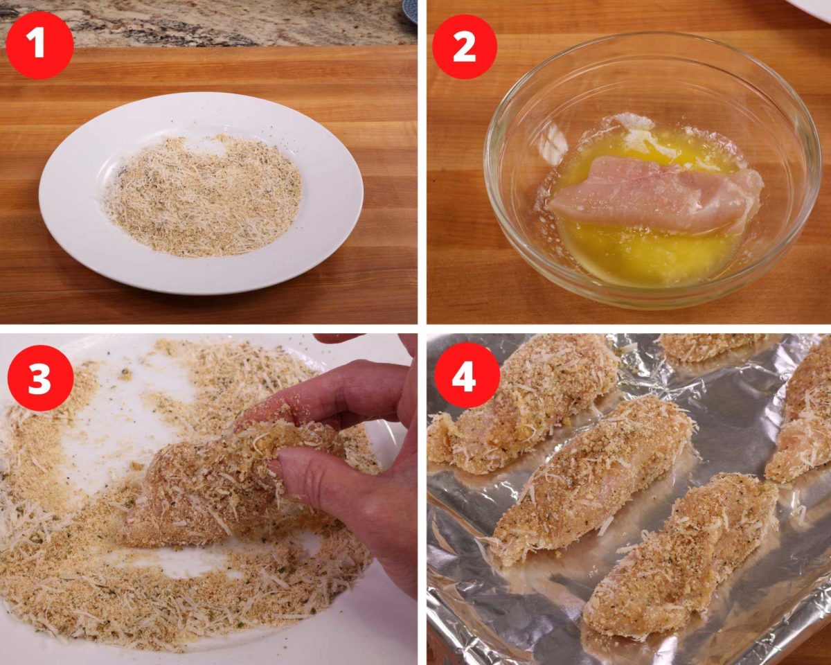 four photos showing how to make baked chicken tenders. 