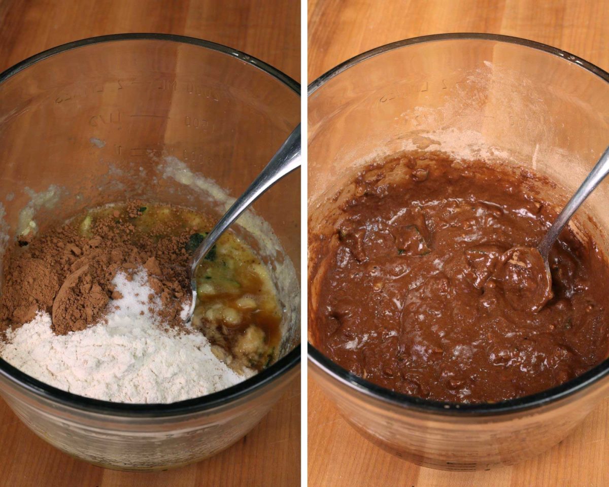 cocoa powder, flour, zucchini and salt in a mixing bowl on a brown table.