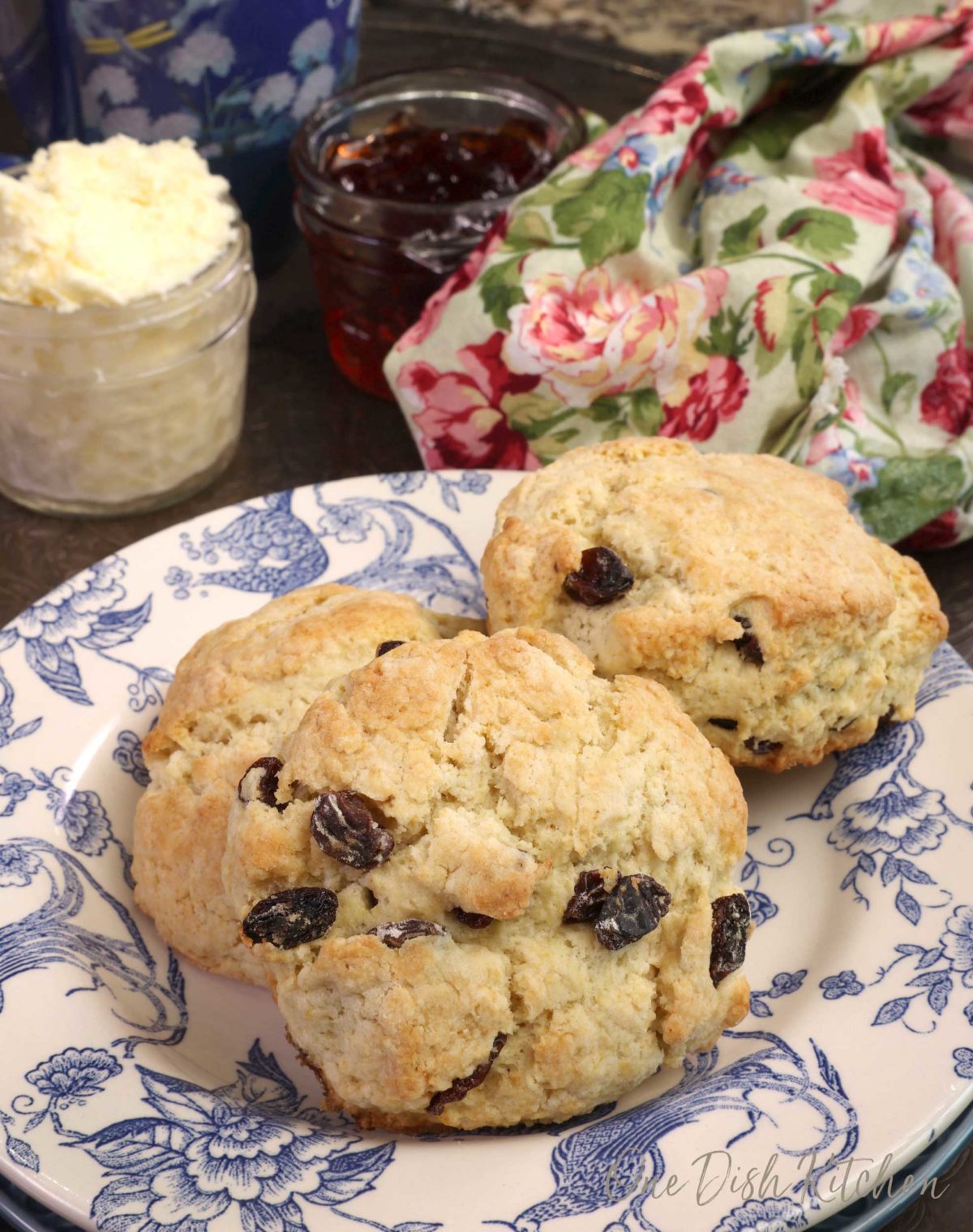 two cream scones with raisins on a blue and white plate with a jar of clotted cream in the background.
