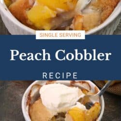 a peach cobbler in a small white ramekin with a spoon on the side.