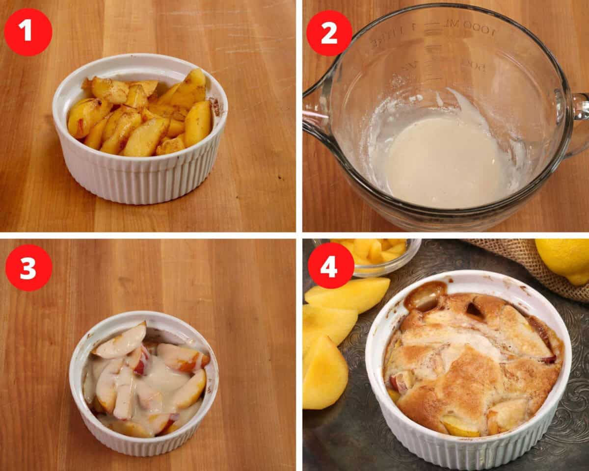 four photos showing how to make a small peach cobbler.