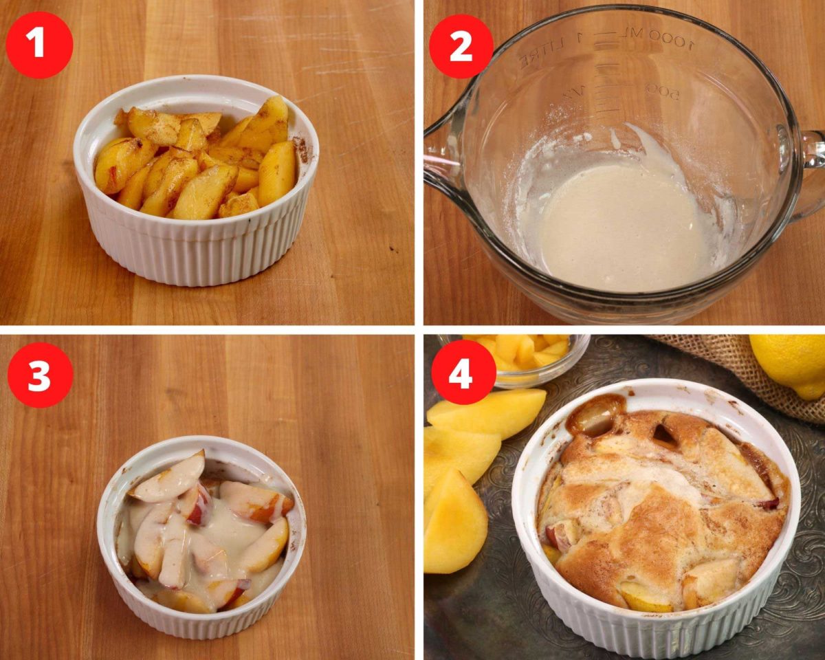 four photos showing how to make a single serving peach cobbler: peaches in a bowl, mixing the batter for the topping, pouring the topping over the peaches and baked cobbler.
