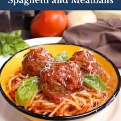 a bowl of spaghetti and meatballs.